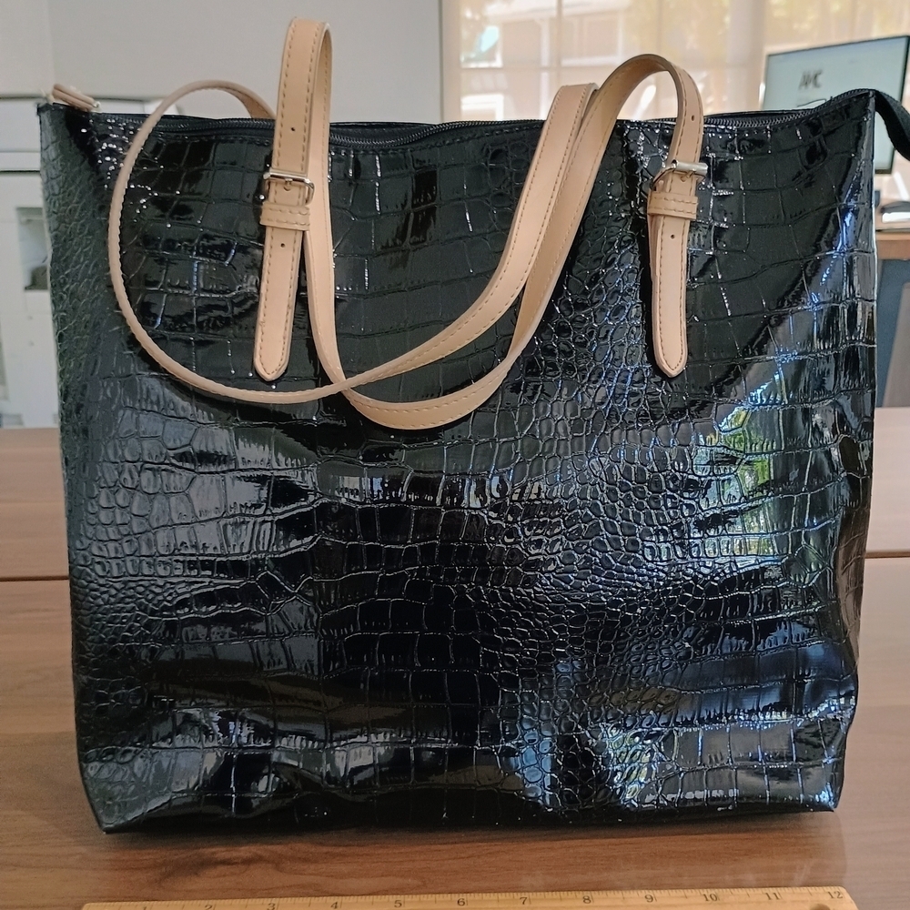 Attention Black Croc-Embossed Tote with Cream Straps
